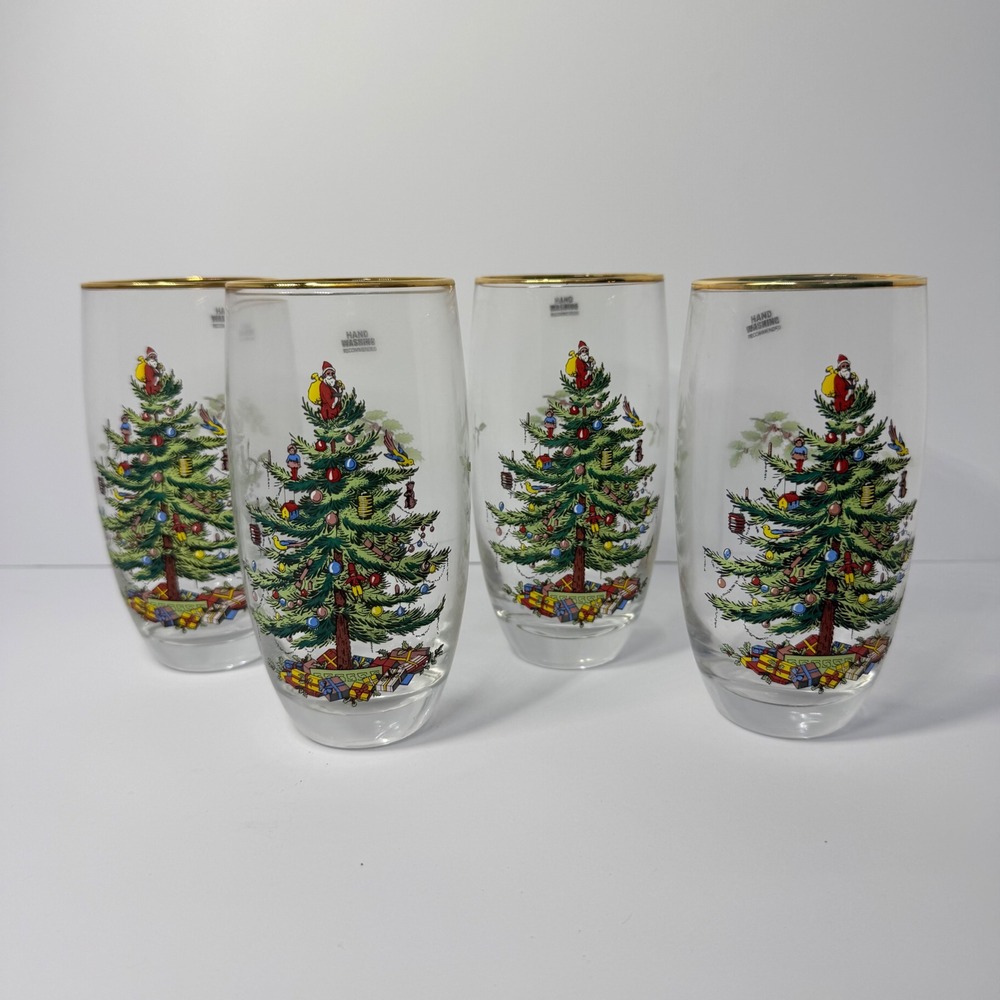 Spode Christmas Tree 6" Holiday Glass Tumblers 16oz Gold Rim Set of 4 with Box